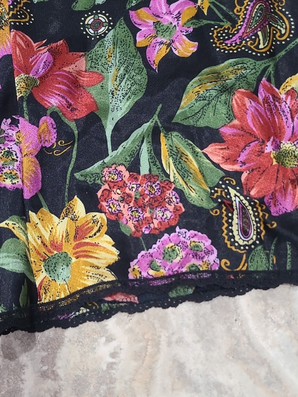 Vanity Fair Vintage Black Floral Lace Maxi Dress with Pink and Yellow Blooms - Picture 4 of 16